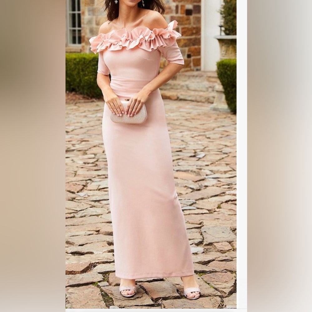 Xscape Blush Off shoulder ruffle sheet dress, EUC, SZ 6